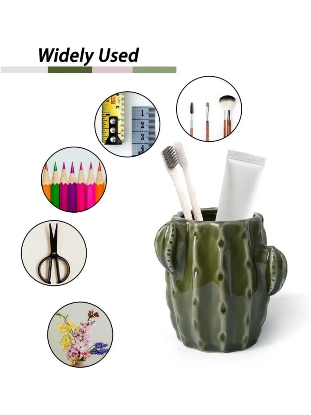 Green Ceramic Cactus Toothbrush Holder - Fun Western Bathroom Decor Accent
